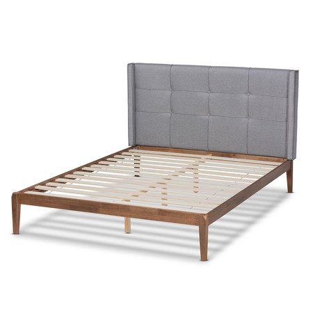 Baxton Studio Edmond Grey Upholstered and Ash Walnut Wood Full Size Platform Bed 164-10665